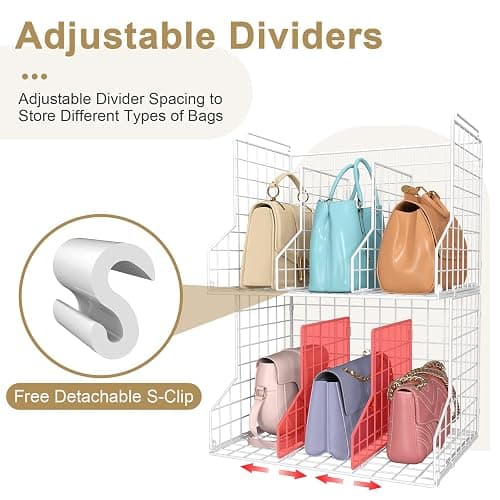 Sonyabecca Purse Storage Organizer for Closet : Adjustable 2-Pack Dividers Handbag Organizer - Stackable Wire Handbags Storage Baskets -Open Cabinets Wallets Tote Chain Bags Clutches -White thumbnail 4