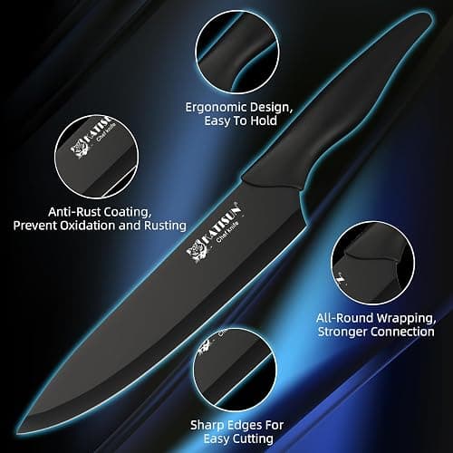 KATISUN 16 Pieces Kitchen Knife Block Set with Cutting Board, German Stainless Steel Knife Set with Sharpener, Dishwasher Safe, Anti-Slip Handle, 6 Steak Knives, Black thumbnail 4