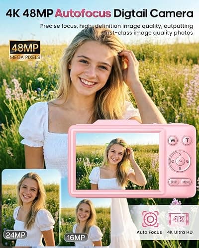 Digital Camera 4K for Kids-48MP Autofocus Vlogging Camera with 32GB Card, 16X Zoom, Anti-Shake, Compact Point and Shoot Camera for Teens Beginners, Birthday Gift Pink thumbnail 5