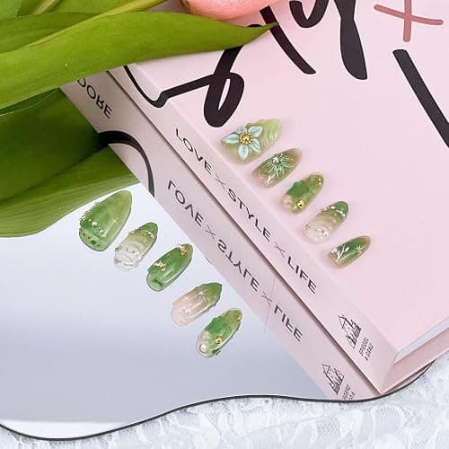 30pcs Green Press on Nails Medium Almond Fake Nails With 3D Flower Pearl Rhinestone Design Gold Beads Butterfly False Nails Star Glue on Nails 3D Summer Floral Full Cover Stick on Nails for Women thumbnail 4