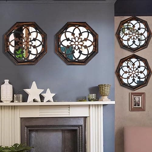 ZOLAPI 2-Piece Octagon Wall-Mounted Mirrors,Vintage Farmhouse Mirror for Wall Decor,Caramel Color Decorative Accent Mirror for Foyer, Bathroom, Bedroom. (12”x12”) thumbnail 4