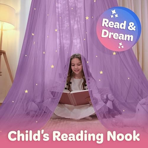 Bollepo Purple Bed Canopy for Girls with Glowing Stars - Princess Netting Room Decor, Ceiling Tent to Cover Toddler | Single, Twin, Full, Queen Size Kids Bed, Fire Retardant Fabric thumbnail 7