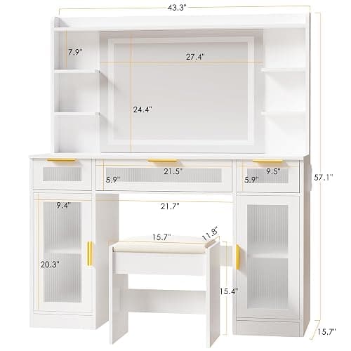 ANWBROAD Large Vanity Desk with Mirror and Lights White Makeup Desk Set with Power Outlet and Remote RGB Vanity with 3 Drawers 2 Cabinets and Stool Vanity Table for Girls Women Bedroom UBDT85W thumbnail 2