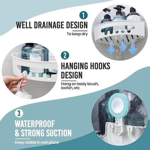 TAILI Corner Shower Caddy Suction Cups Heavy Duty,Small Bathroom Shower Shelf Storage Basket Wall Mounted Organizer for Shampoo,Conditioner,Plastic Shower Rack for Kitchen,Drill-Free Removable thumbnail 7