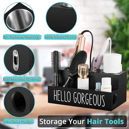 Bivvclaz Hair Tool Organizer Wall Mount, Wooden Hair Dryer Holder Countertop, Hot Tools Organizer for Hair Styling Accessories, Bathroom Supplies Vanity Caddy for Curling Wand, Blow Dryer, Black - Black thumbnail 3