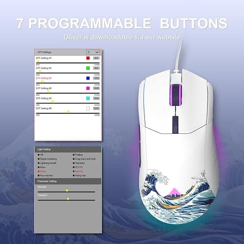 COSTOM Womier G705 USB Wired Gaming Mouse for PC Computer Windows Mac Laptop, Lightweight Silent RGB Backlit Mouse with Adjustable 12000DPI/7 Programmable Side Buttons,White Kanagawa Theme thumbnail 5