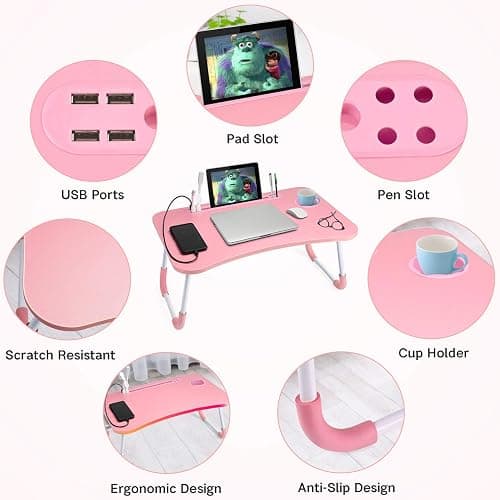 Slendor Lap Desk with Cup Holder, Foldable Laptop Table for Bed, Portable Bed Desk for Laptop and Writing, Computer Tray with Tablet Slot, Notebook Stand Reading Holder for Couch Sofa Floor,Pink thumbnail 5