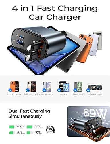 LISEN Retractable Car Charger, Gifts for Men Women, 69W Cars Adapter USB C Fast Charger for iPhoen 17, Car Accessories for Men Women, Gifts for Dad Mom, for iPhone 17 Pro Max Air 16 15 14 13 12 Plus thumbnail 8