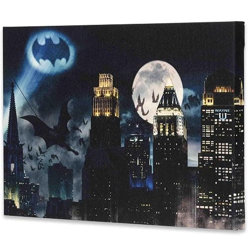 Open Road Brands DC Comics Bat Signal Over Gotham City Gallery Wrapped Canvas Wall Decor - Vintage Batman Wall Art for Man Cave or Movie Room thumbnail 3