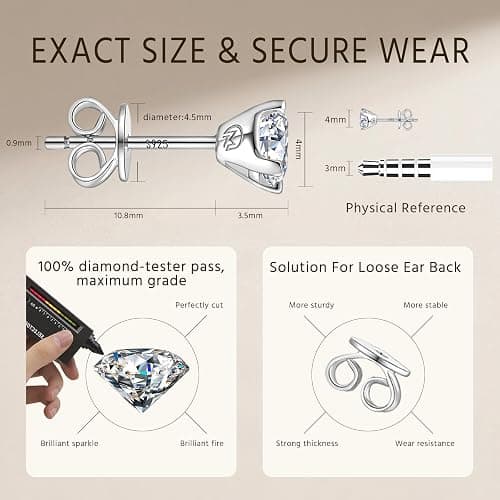 JNQZM 0.2-4 ct Moissanite Earrings, Rhodium Plated 925 Sterling Silver Lab Created Moissanite Diamond Stud Earrings Engagement Jewelry Birthday Gifts for Women Men thumbnail 5