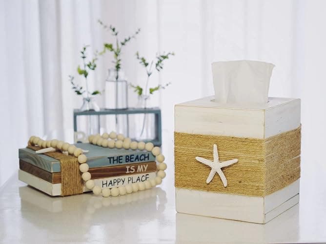 SOMTO Beach Rustic White Wood Square Tissue Box Cover,Farmhouse Bathroom Accessories Starfish Decor Tissue Holder with Slide-Out Bottom Panel… - White thumbnail 7