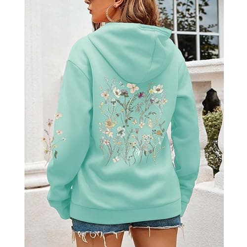 Sulayesh Women's Floral Printed Hoodies Vintage Aesthetic Flower Graphic Sweatshirt Cute Boho Fleece Thermal Hoodie Pullover - Light Green - Large thumbnail 3