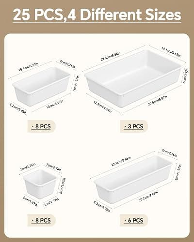 KEMETHY 25 PCS Plastic Drawer Organizers Set, 4 Sizes Vanity Organizer, Makeup and Desk Drawer Organizer Trays, Organization and Storage for Makeup, Bathroom, Kitchen Utensils and Office (White) thumbnail 3