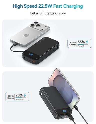 LENGSUM Portable Charger Power Bank Built-in Cables, 32000mAh 22.5W USB C Fast Charging, 5 Outputs 3 Inputs Travel Essentials Battery Pack Compatible with iPhone, iPad, Samsung, Google Pixel, Black thumbnail 2