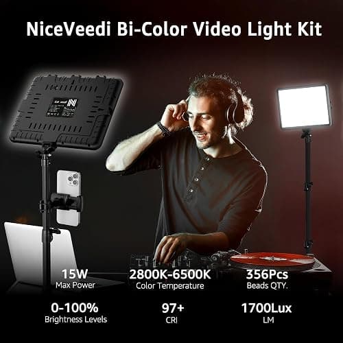 NiceVeedi 1-Pack Photography Lighting Kit, 2800-6500K Bi-Color LED Video Light Kit, Dimmable Studio Light with Tripod Stand & Phone Holder, Light for Video Recording, Game Streaming, YouTube thumbnail 2