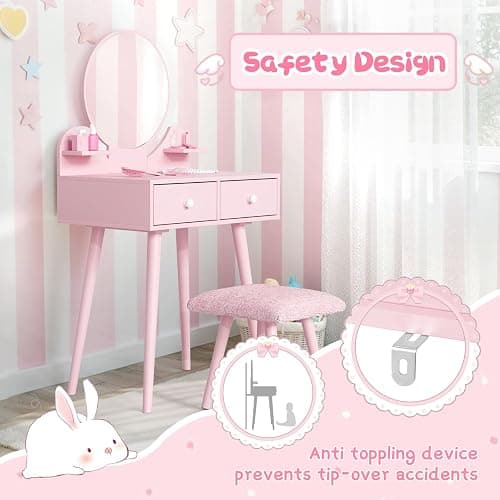 Arlopu Kids Vanity Table and Chair Set, 2 in 1 Toddler Makeup Dressing Desk with Detachable Large Mirror and Stool, Drawers, Princess Wooden Pretend Play Toys for Little Girls (Pink) thumbnail 5
