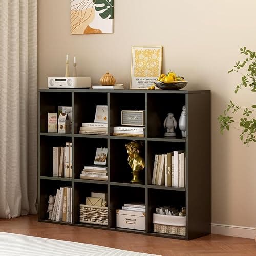 OSCHF 12-Cube Storage Shelf Bookcase, Black | Wooden 3-Tier Open Bookshelf, Fits 11×11" Bins, Vertical or Horizontal Use, Full Back Panels, For Home Office thumbnail 2