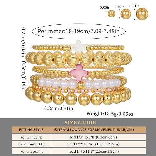 HUASAI Gold Bracelet Stack for Women Beaded Bow Bracelet Non Tarnish Chunky Stretch Paperclip Cross Pearl Bracelets Set Christmas Jewelry Gifts Stocking Stuffers for Teen Girls - Image 1