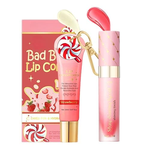 Lip Conditioner & Lip Oil Set,Moisturizing Lip Care Set,Hydrating Lip Balm Set for Dry & Chapped Lips,Day & Night LipGloss Balm Kit,Gifts for Teenager Girl (Strawberry) - Image 1