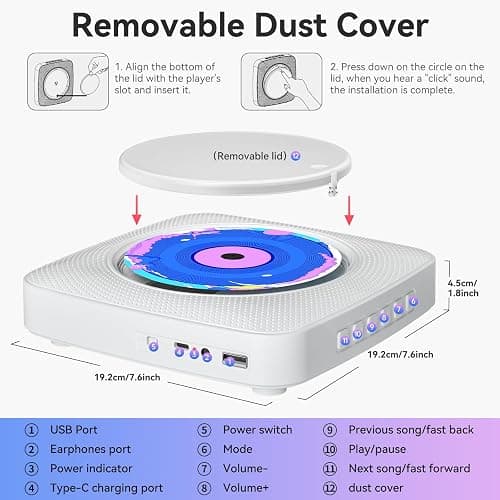 CD Player Portable: Kegaudio CD Players for Home with Speakers Bluetooth | White Wall Mounted CD Player with Radio, Remote Control, Removable Dust Cover Support USB/AUX Playback Headphone jack thumbnail 7