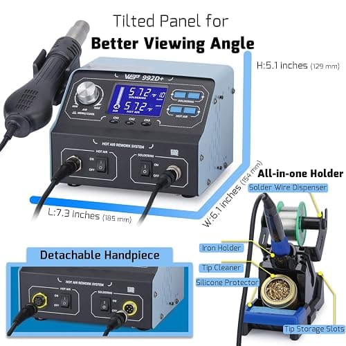 WEP 992D+ 2-in-1 Soldering Iron Kit and Hot Air Rework Station with 3 Preset Channels, LCD Display, Interchangeable Handles, Sleep Mode, X-2 Iron Holder, 5 Iron Tips, Desoldering Pump and Tweezers thumbnail 3