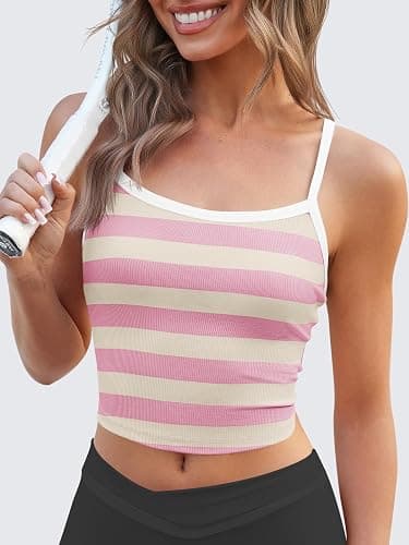 Fisoew Womens Striped Crop Sleeveless Tank Tops Scoop Neck Crossed V Racerback Cami Workout Yoga Athletic Sports Tops thumbnail 5