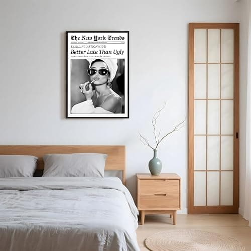 Framed Better Late Than Ugly Wall Decor Newspaper Audrey Hepburn Wall Art | Vintage Black and White Fashion Poster Chic New York Trends Glam Quote Canvas Print for Bedroom Bathroom Dorm 8x12inch thumbnail 5