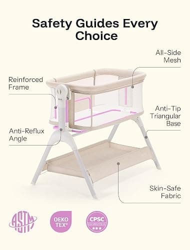 HARPPA Cuddly Baby Bassinet Bedside Sleeper, 3 in 1 Rocking Bassinet with Mattress and Soft Cover, Full Mesh Sides, 5 Height Adjustable with Wheels for Newborns, Beige thumbnail 9
