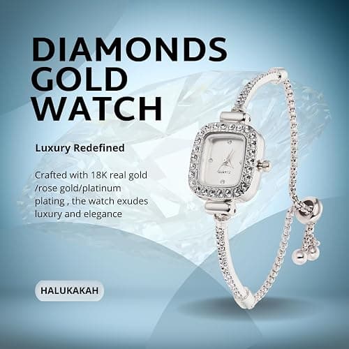 Halukakah Kids' Sparkling Diamond Watch - 18k Real Gold/Rose Gold/Platinum Plated - Multiple Colors Rectangle Dial - Quartz Adjustable Stainless Steel Wristwatch - Suitable for Boys and Girls thumbnail 2
