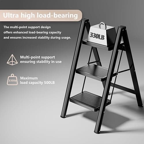 KOLL LINK Step Ladder 3 Step Folding, Sturdy 330 Lbs Small Step Stool for Adults, Closet Step Stool Ladder with Anti-Slip Wide Pedals, Portable Folding Ladder for Home Kitchen Office thumbnail 4