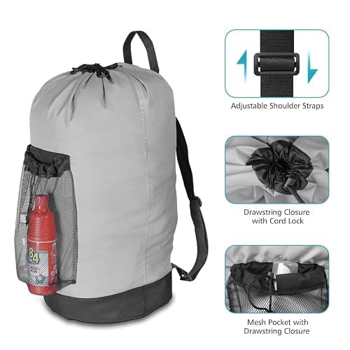 Dalykate Laundry Backpack with Shoulder Straps and Mesh Pocket Durable Nylon Clothes Hamper Bag with Drawstring Closure for College, Travel, Laundromat, Apartment - Grey thumbnail 3