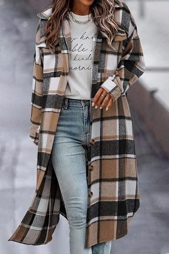 CHICZONE Womens Plaid Shacket Jacket Long Corduroy Shirt Casual Lapel Button Down Flannel Trench Coats thumbnail 2