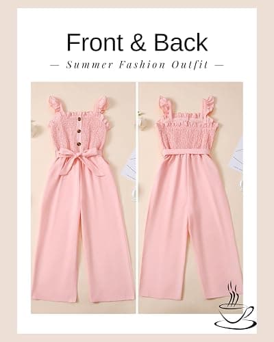 SODLON Girls Jumpsuit Kids Romper Cute Summer Smocked Outfits Size 5-12Y | Fashion Preppy Girls Clothes, Ruffle School Graduation Picture Girl Jumper, Sleeveless Tween Jumpsuits with Belted & Pockets thumbnail 5