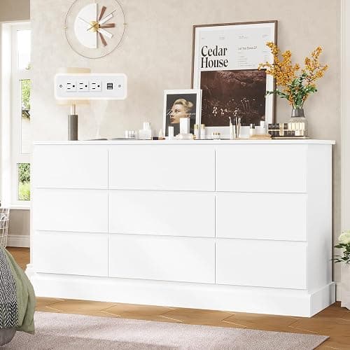 Hasuit Modern White Dresser for Bedroom with 9 Drawers, 61.4"Wide Dressers Chest of Drawer with Large Capacity Storage, Long Dresser TV Stand with Power Outlets, Sturdy Storage Cabinet for Living Room - Image 1