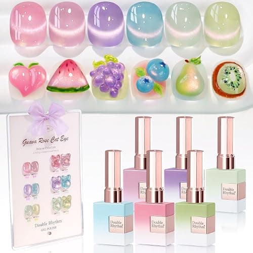 Double Rhythm Cat Eye Gel Nail Polish Set of 6 Same Color Same Bottle 0.5 Oz Shimmer Glitter with Magnet Holographic Reflective Magnetic UV Nail Polish Kit at Home (Rose Green Pink Purple-T6-46) - Image 1