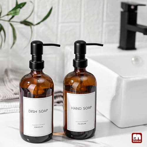 GMISUN Amber Glass Soap Dispenser, 2 Pack Bathroom Hand Soap Dispensers with Stainless Steel Pump, 17 Fl Oz Kitchen Hand and Dish Soap Dispenser Set, Modern Vintage Liquid Brown Soap Dispensers Bottle thumbnail 5