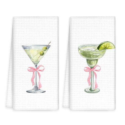 OINDADE Pink Bow Dirty Martini Margarita Kitchen Towels Set of 2, Preppy Coquette Bow Cocktail Dish Tea Hand Towel for Kitchen Home Bar Decorative, Martini Margarita Lover Gifts Bar Cart Decor,16x24 - Image 1