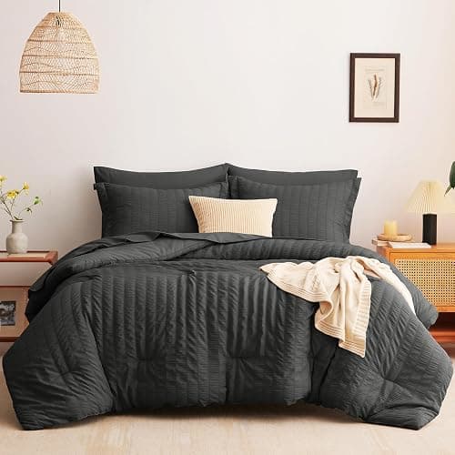 CozyLux Full Size Comforter Sets with Sheets Seersucker 7 Pieces Dark Grey Bed in a Bag Textured Luxury Soft Bedding Set with Down Alternative Comforter, Sheets, Pillowcases & Shams for All Seasons thumbnail 8