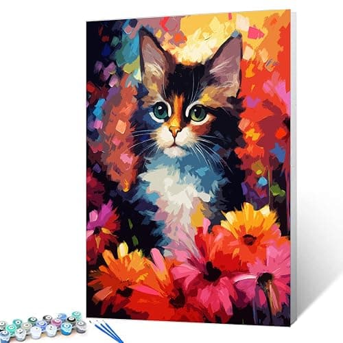 Tucocoo Cute Cat Paint by Number for Adults, DIY Digital Oil Painting Kits on Canvas with Brushes and Acrylic Pigment, Abstract Flowers Animal Hand-Painted Style for Home Decor 16x20 inch (Frameless) thumbnail 4
