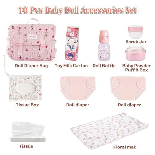 BABESIDE 10 Pcs Reborn Doll Accessories Set for 17-22 Inch Dolls, Feeding and Care Set, Including Diaper Bag, 2 Diapers, Great for Children's Pretend Play (Dolls not Included) thumbnail 6