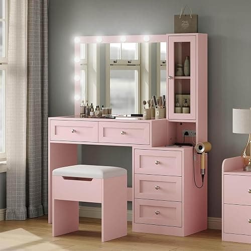 CollaredEagle 43" W Vanity Desk with Mirror & 11 Lights, 5 Drawer Modern Makeup Desk with Glass top & Cushioned Stool, 3 Lighting Modes Brightness Adjustable,Power Outlet,Bedroom, Pink - Image 1