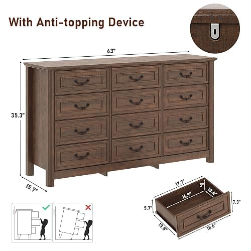chartustriable Farmhouse 12 Drawer Dresser for Bedroom, 63” Wood Chest of Drawers with Rustic Handles, Wide Closet Dressers Organizer, Living Room, Hallway, Bedroom Furniture, Rustic Brown thumbnail 2