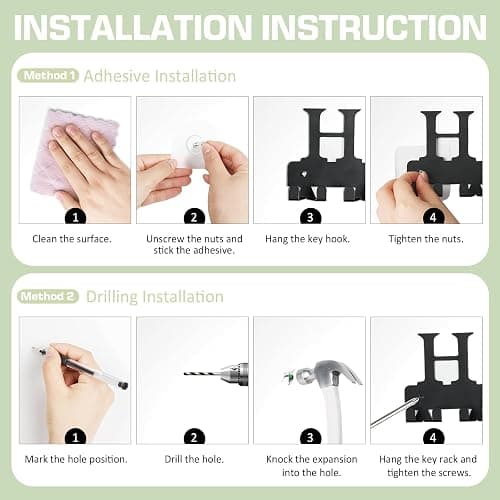 HOMEBROS Key Holder Wall Mount, Adhesive Metal Key Hanger with 6 Double Hooks, 2 Installation Methods, Black thumbnail 8