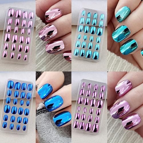 120 Pieces Fake Nails for Girls Metallic Mirror Chrome Kid Nails Press on Pre-glue Children Artificial False Nails Short Oval Full Cover Acrylic Stick on Nail Tips Kit for Little Girl Toys thumbnail 2