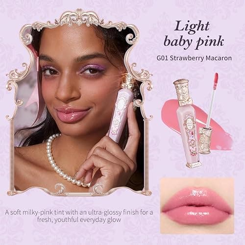 Flower Knows Violet Strawberry Rococo Glowy Lip Gloss, Light Baby Pink | Hydrating Oil-Infused Formula, Glazed Fuller-Looking Shine, Vegan (G01 Strawberry Macaron) thumbnail 3