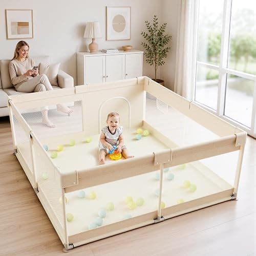 Uanlauo Beige Small Baby Playpen - 47x47in Playpen for Babies and Toddlers | Safe Indoor Play Pen, Baby Pen with Side Storage Bag and Breathable Mesh, Playard with 2 pull-up rings, Anti-slip Suction Cup thumbnail 6