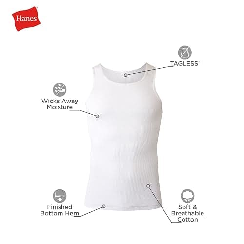 Hanes Men's Tank Top Undershirt Pack, Moisture-Wicking Cotton Ribbed Tanks for Men, Multi-Pack, White or Black/Gray thumbnail 4