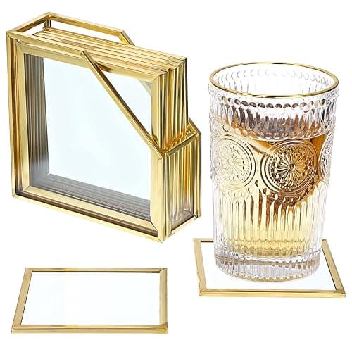 JuxYes Set of 7 Glass Coasters with Holder, Gold Elegant Cup Coasters for Coffee, Tea, Wine - Square Brass Edge Glass Mats for Coffee Table - Image 1