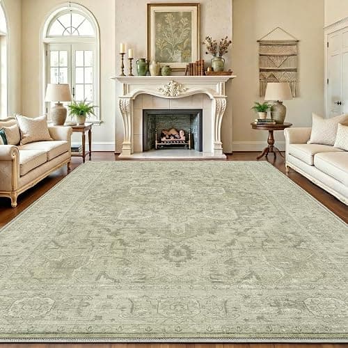 Homemate Washable Rug 8x10 Area Rugs - Vintage Faux Wool Rugs for Living Room Bedroom Dining Room - Non Slip Foldable Carpet Indoor Area Rug for Home Decor(8'x10', Green - Image 1
