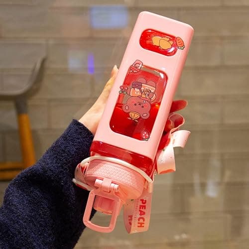 GMKD Kawaii Water Bottle for Girls Cute Kids Water Bottles with Straw Square Drinking Bottle, Portable Leakproof Water Jug for School, 24 oz (Pink-700ml) thumbnail 5